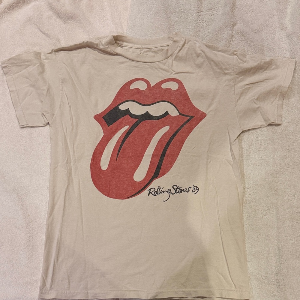 The Rolling Stones Unisex Tee - Beige with Red Tongue Logo 100% Cotton